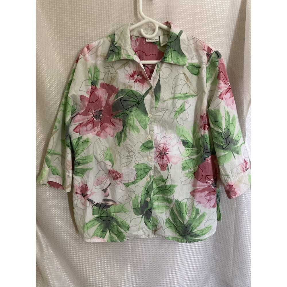 Kim Rodger’s Women’s White Floral Blouse Pink Green size 12 Petite  Preowned.